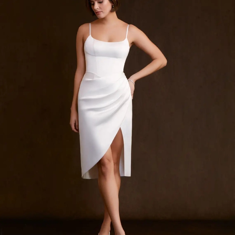 Azazie White Rosina Diamond White Sheath Pleated Stretch Satin Dress